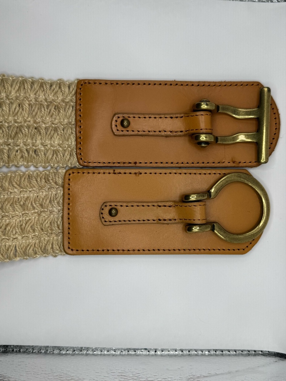 Fossil Woven Stretch Belt Leather Equestrian Buckle Cream Tan Boho - Picture 6 of 12